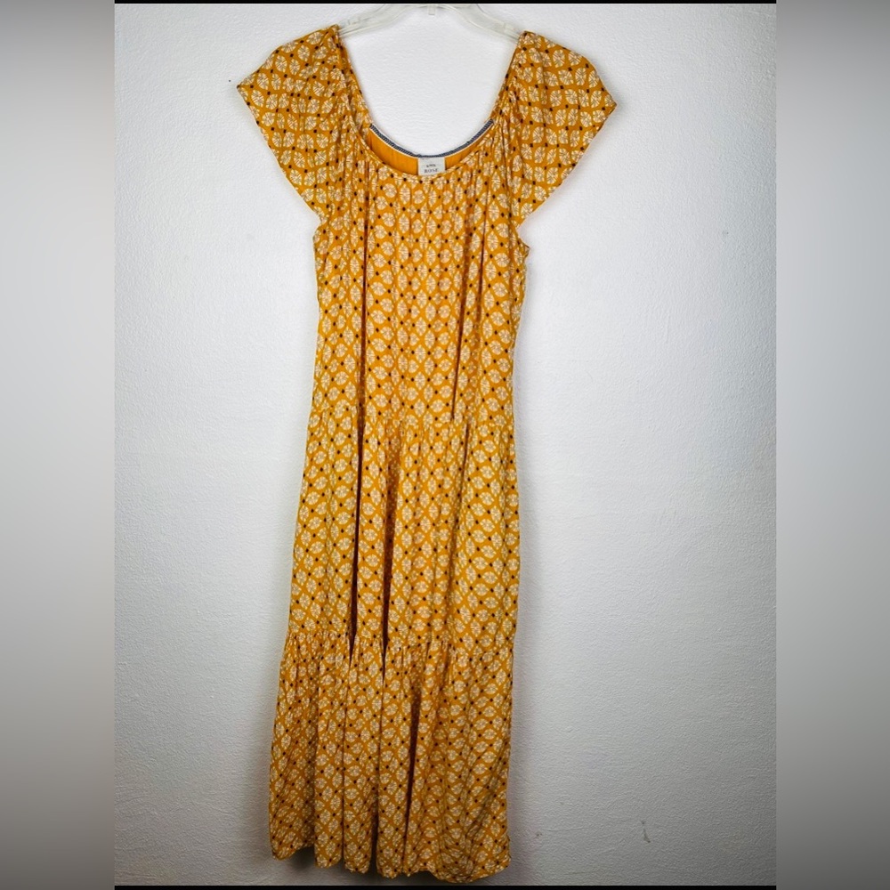 KNOX ROSE WOMENS Large PrairieMAXI LONG DRESS Mustard Yellow FLORAL Pockets